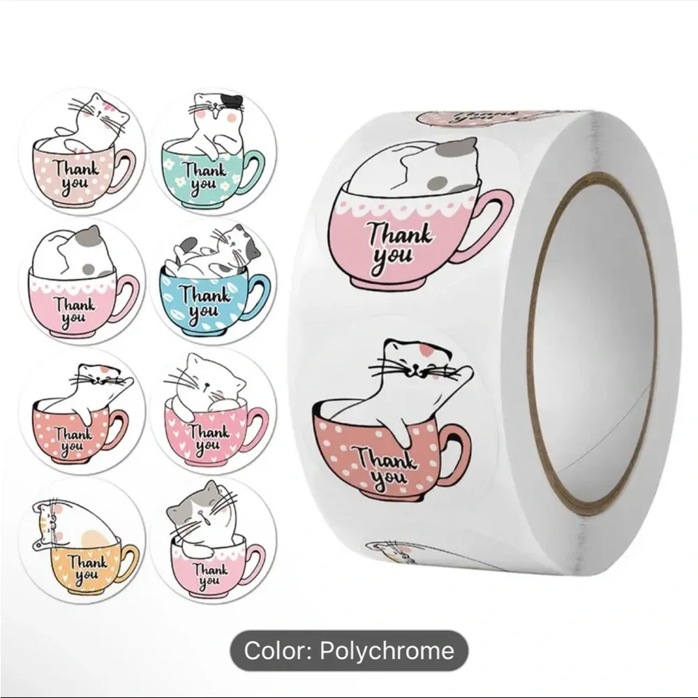 Roll of 500 Cute Kitty Cat in Teacup Round Thank You Stickers Coffee Mug